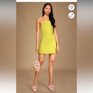 Lulus Rooftop Party Chartreuse Satin Halter Mini Dress
